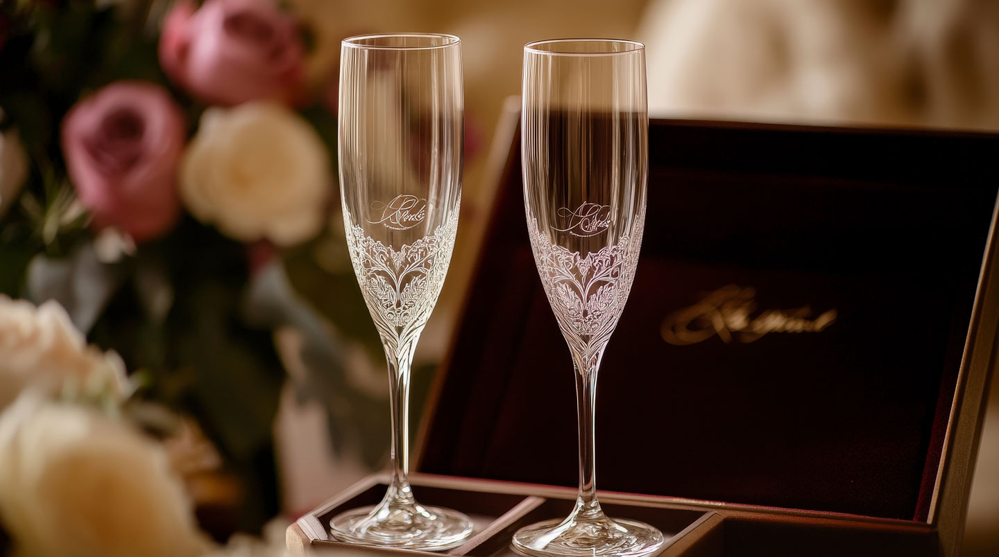 Plusieurs verres à vin en cristallin alignés sur une table moderne élégante dans un intérieur français lumineux