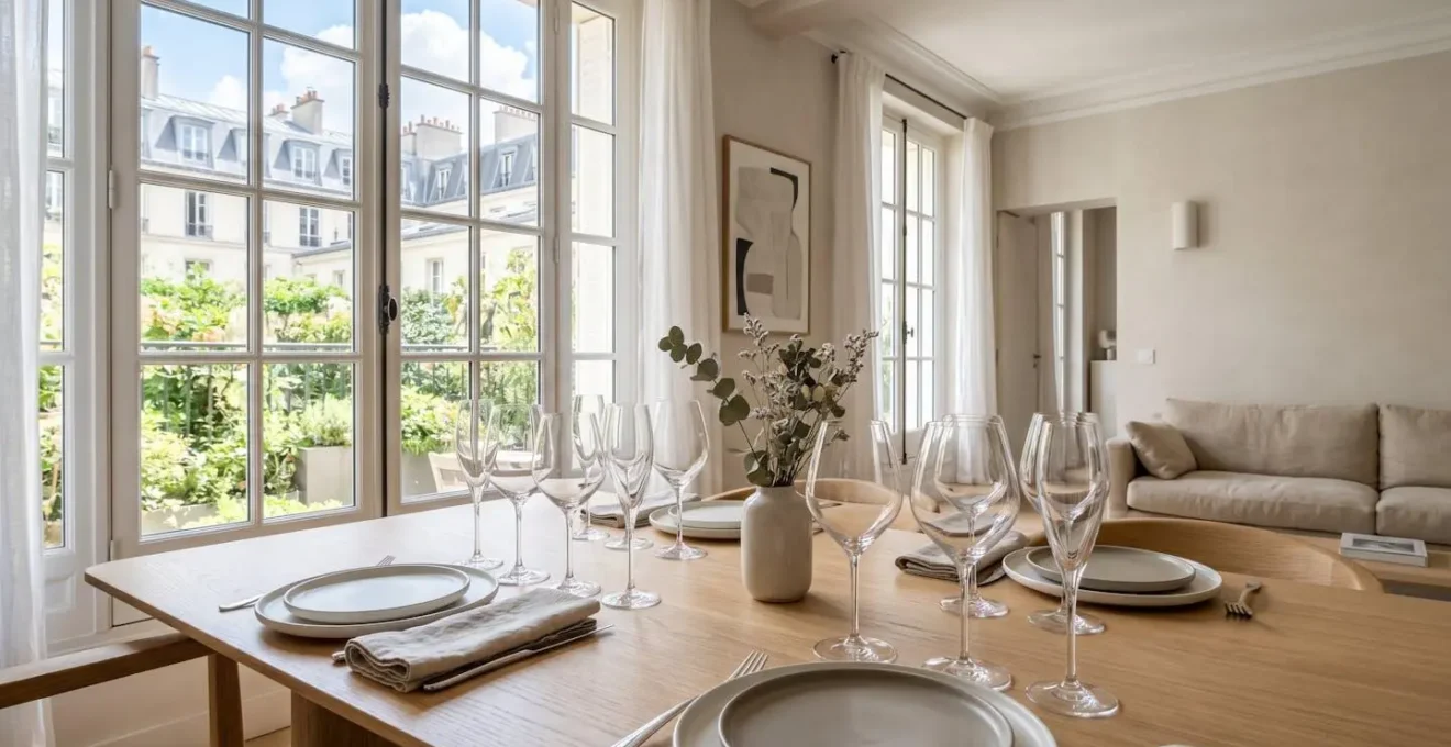 Plusieurs verres à vin en cristallin alignés sur une table moderne élégante dans un intérieur français lumineux