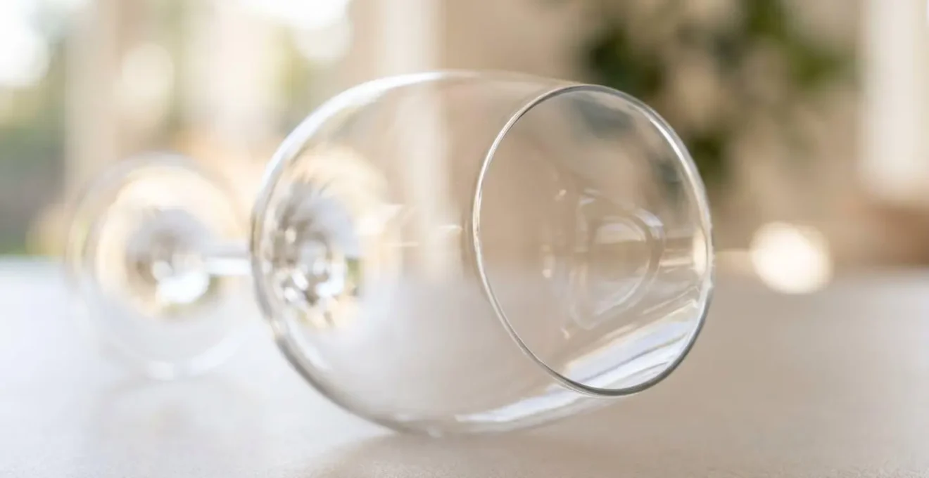 Vue en gros plan sur la courbe élégante d'un verre tulipe en cristallin avec jeux de reflets lumineux et arrière-plan flouté