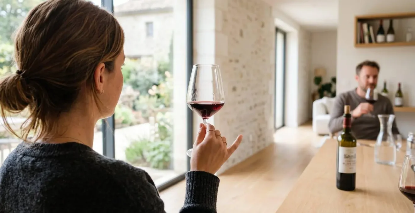 Une personne vue de dos tient délicatement un verre de vin rouge à hauteur du regard dans un salon lumineux au design contemporain