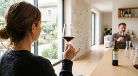 Une personne vue de dos tient délicatement un verre de vin rouge à hauteur du regard dans un salon lumineux au design contemporain