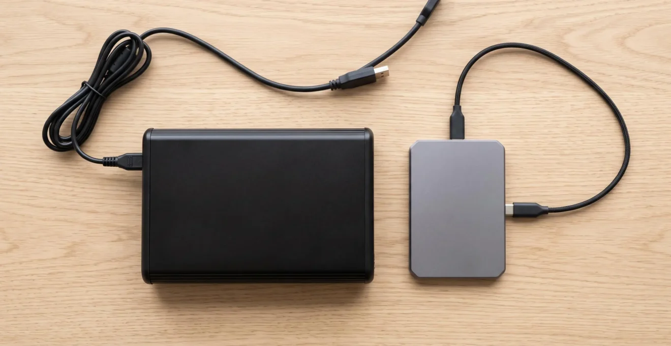 Comparaison visuelle de deux disques durs externes : format 3,5 pouces avec alimentation secteur à gauche, format 2,5 pouces compact avec câble USB seul à droite