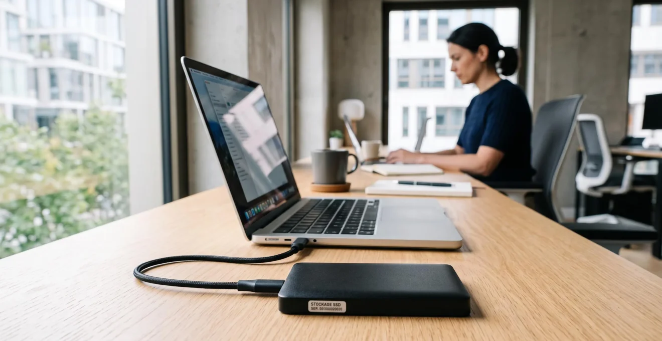 Disque dur externe compact connecté par câble USB à un ordinateur portable sur un bureau professionnel moderne avec lumière naturelle