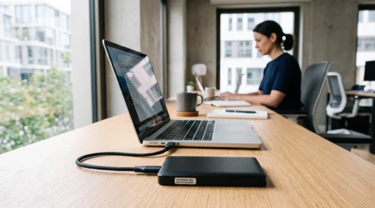 Disque dur externe compact connecté par câble USB à un ordinateur portable sur un bureau professionnel moderne avec lumière naturelle