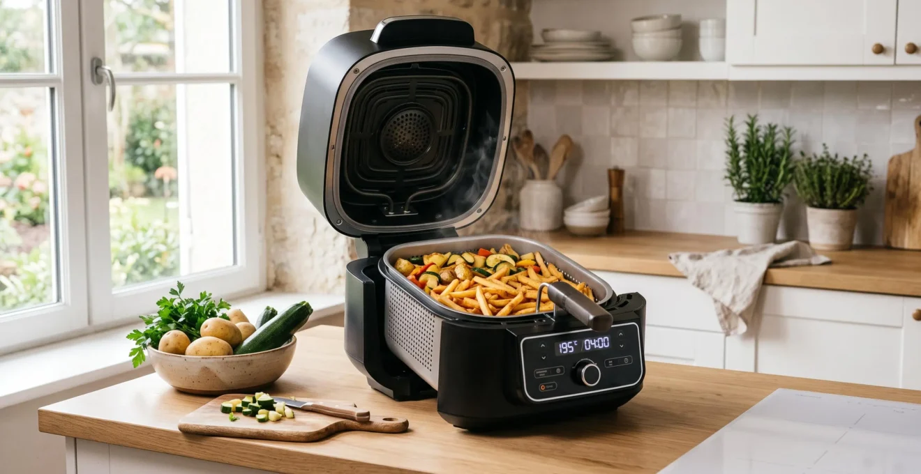 Friteuse sans huile moderne ouverte sur plan de travail de cuisine contemporaine, panier perforé contenant des frites dorées en cours de cuisson, vapeur légère visible, lumière naturelle, légumes frais à proximité
