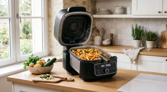 Friteuse sans huile moderne ouverte sur plan de travail de cuisine contemporaine, panier perforé contenant des frites dorées en cours de cuisson, vapeur légère visible, lumière naturelle, légumes frais à proximité