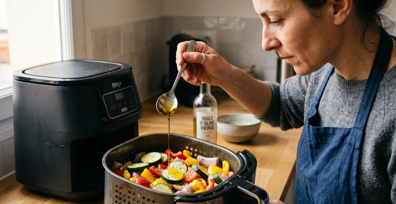 Gros plan sur main d'adulte tenant cuillère à soupe versant filet d'huile d'olive sur légumes variés coupés dans panier perforé de friteuse sans huile, geste précis d'assaisonnement avant cuisson