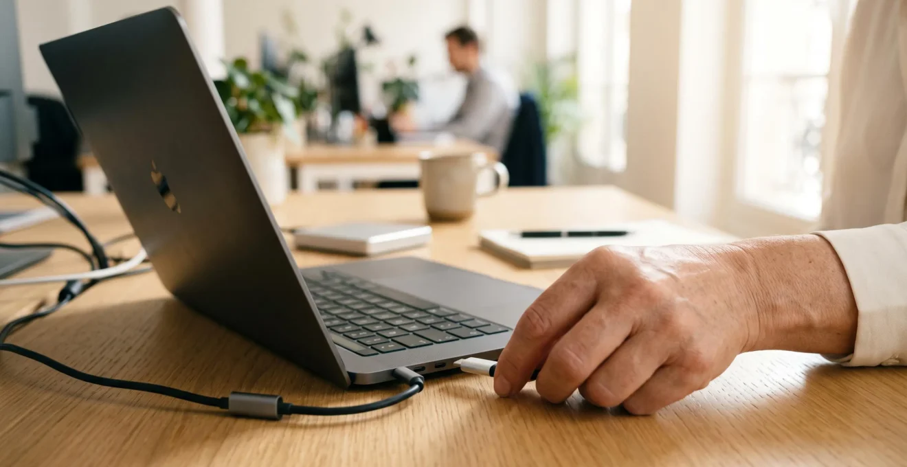 Main branchant le câble USB d'un disque dur externe dans le port USB d'un ordinateur portable professionnel
