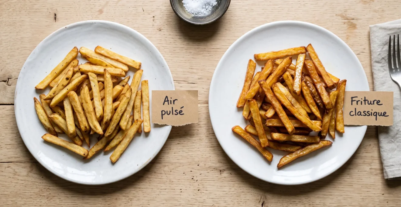 Vue du dessus de deux assiettes blanches contenant chacune une portion de frites françaises : à gauche frites cuites à l'air pulsé aspect mat, à droite frites friture traditionnelle brillantes d'huile, étiquettes en français identifiant chaque méthode