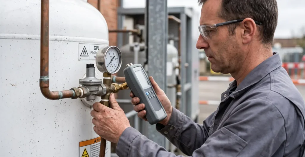 Technicien GPL contrôlant les manomètres et vannes de sécurité d'une citerne aérienne sur un site professionnel Technicien GPL contrôlant les manomètres et vannes de sécurité d'une citerne aérienne sur un site professionnel
