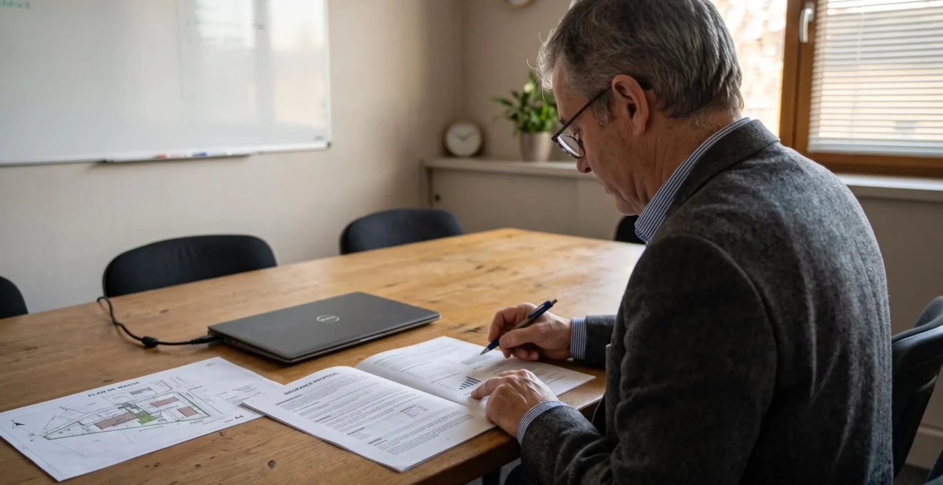 Un dirigeant examine une proposition d'assurance imprimée posée sur une table de bureau.