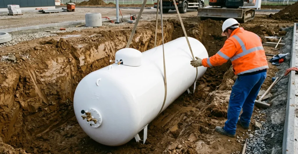 Installation d'une citerne GPL enterrée dans une excavation sur un chantier professionnel avec ouvrier en tenue de sécurité Installation d'une citerne GPL enterrée dans une excavation sur un chantier professionnel avec ouvrier en tenue de sécurité