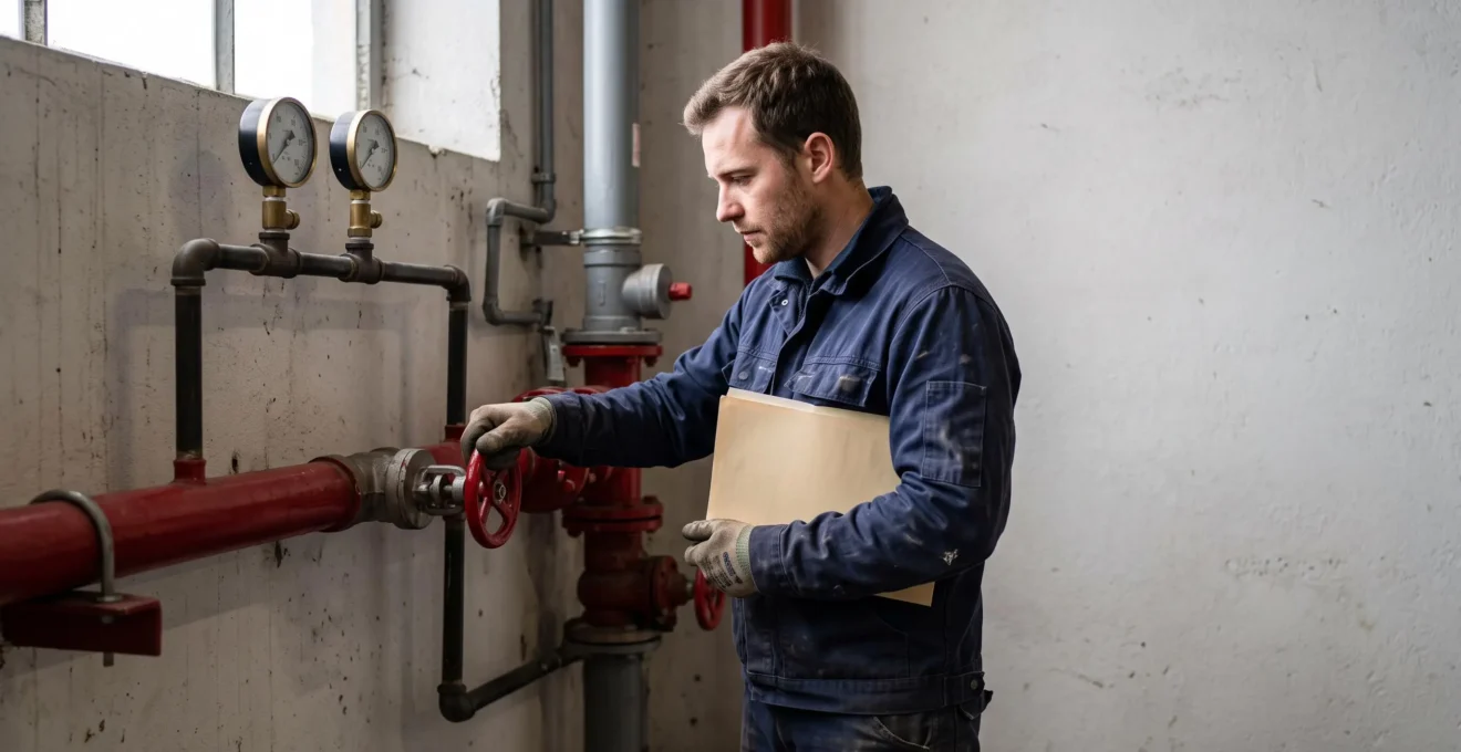 Un technicien de maintenance manœuvre la vanne d'une installation de sprinklage dans un local industriel.