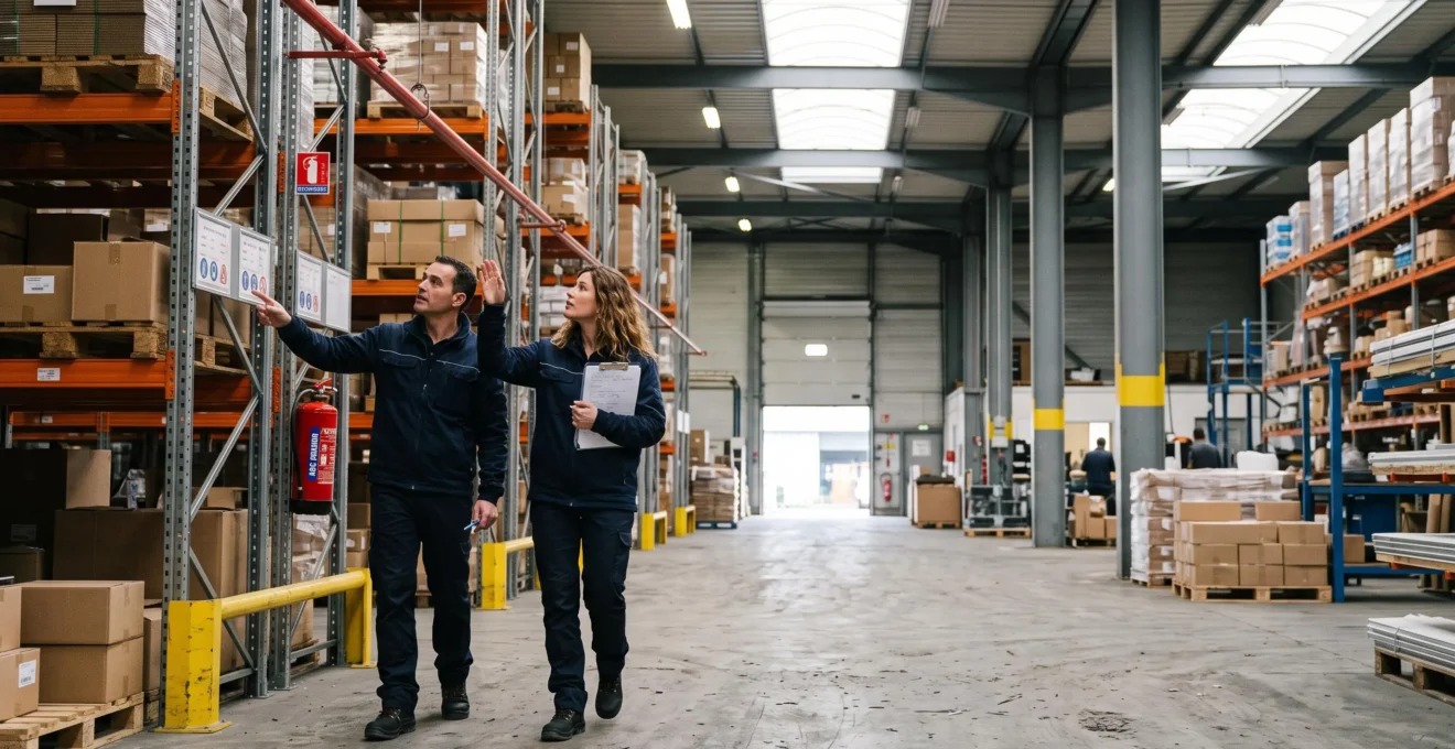 Un ingénieur prévention et une inspectrice de risques parcourent un entrepôt industriel en examinant les installations de stockage.