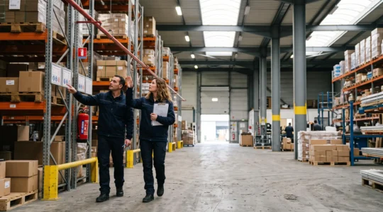 Un ingénieur prévention et une inspectrice de risques parcourent un entrepôt industriel en examinant les installations de stockage.