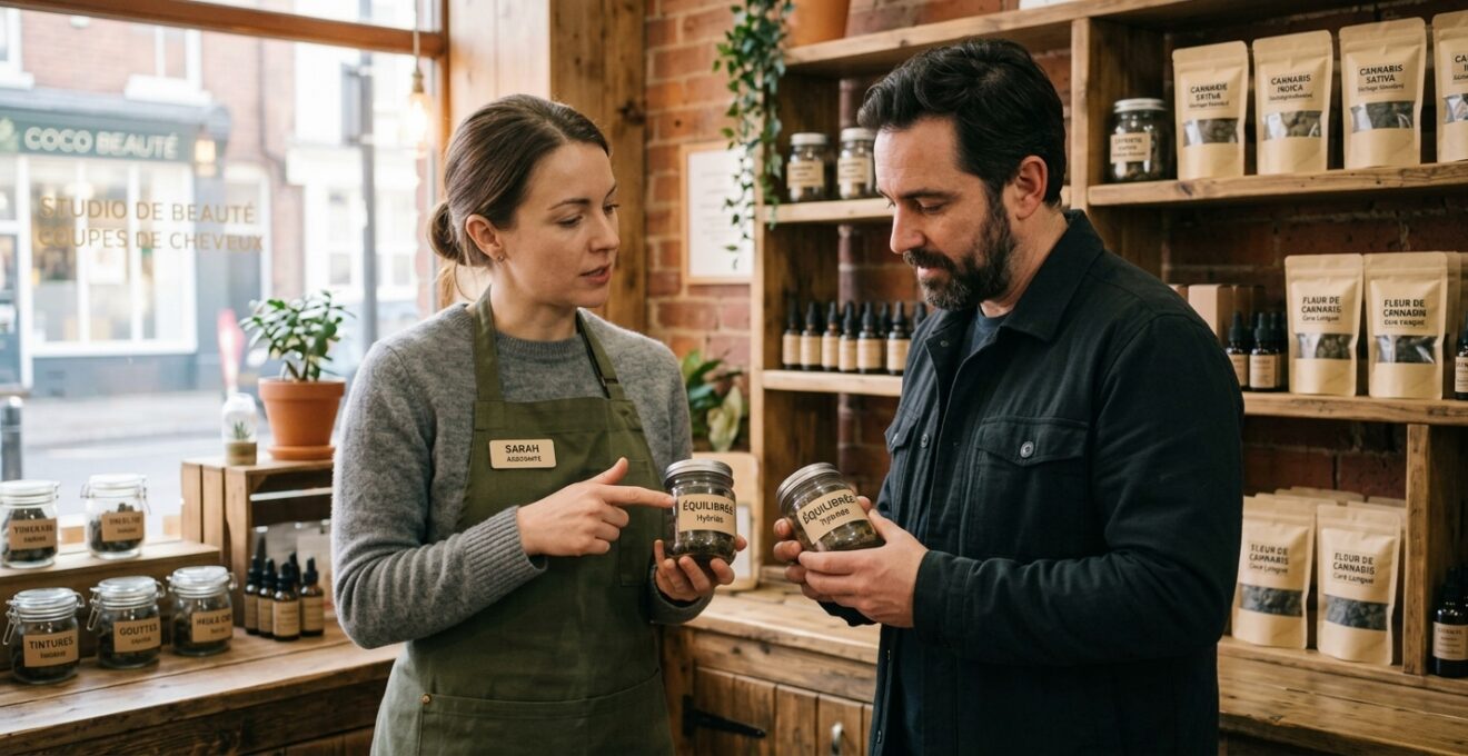 Un conseiller explique un pot de CBD à un client en boutique.
