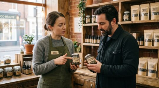 Un conseiller explique un pot de CBD à un client en boutique.