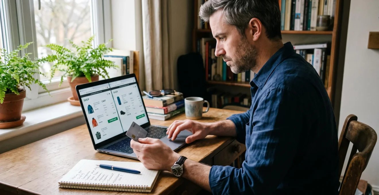 Un homme compare des offres en ligne sur son ordinateur avant de commander.