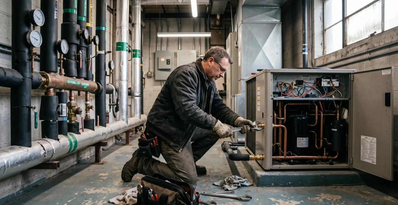 Un technicien raccorde une boucle géothermique sur une thermopompe en salle mécanique.