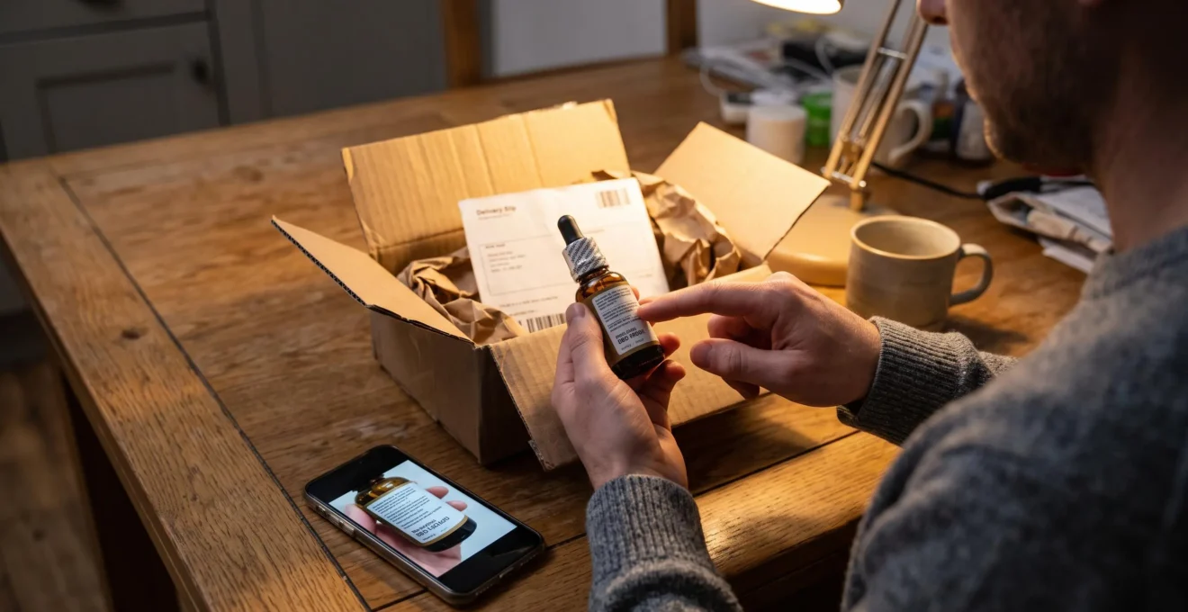 Une personne vérifie le sceau et les informations d'un produit CBD livré.